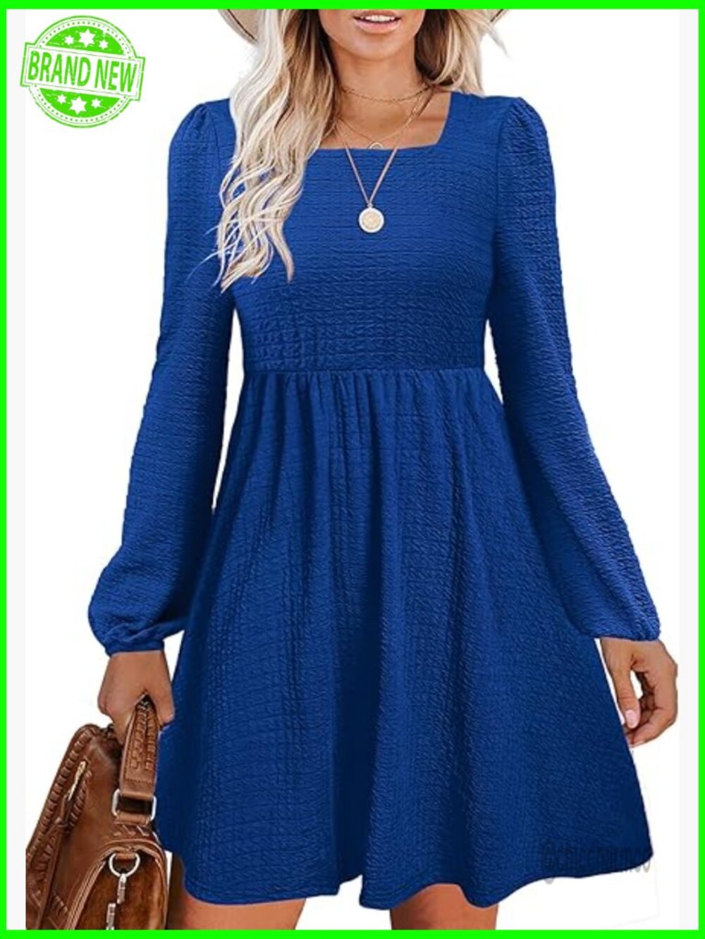 Long Sleeve Babydoll Dress Square Neck Knee Length Flowy Swing Mini